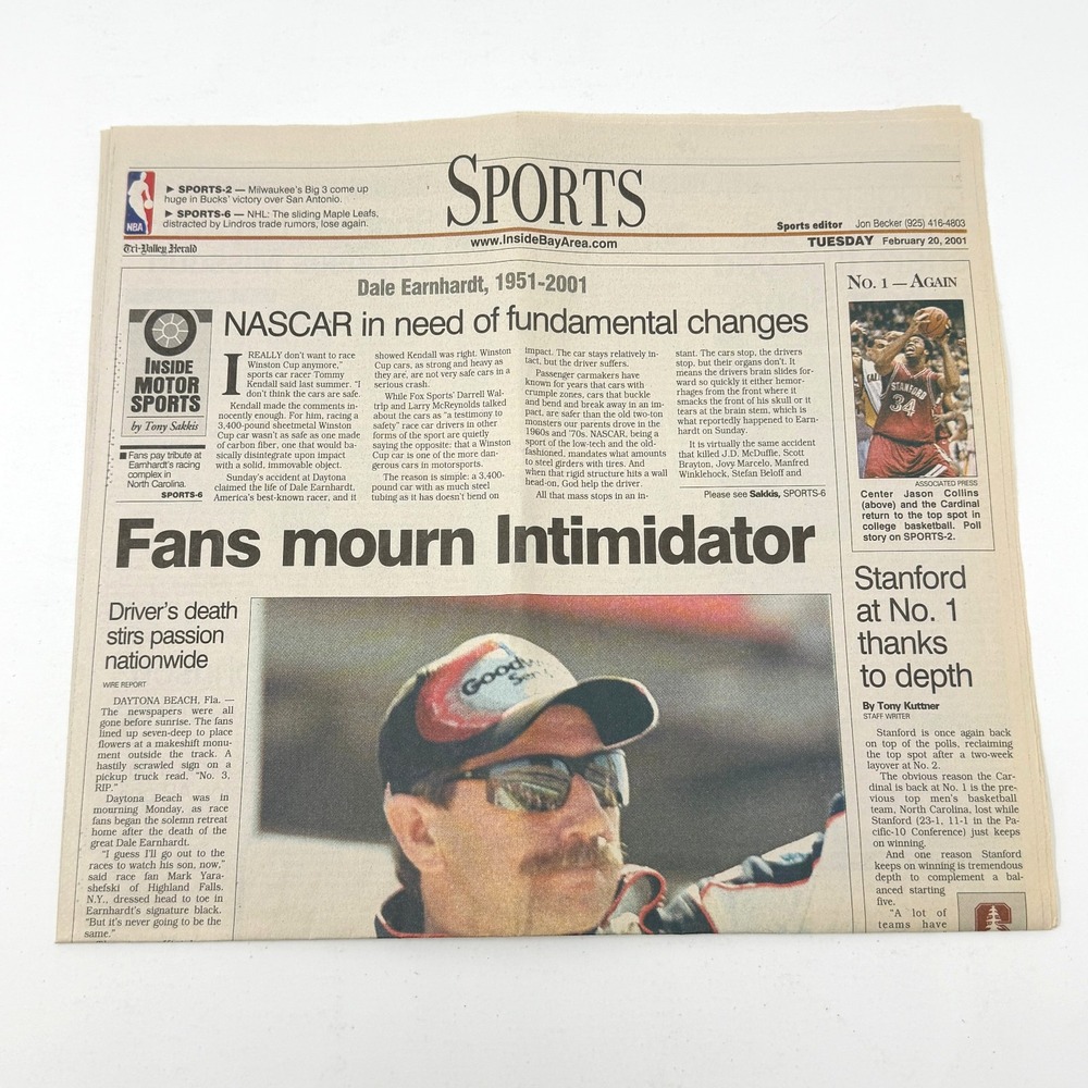 Dale Earnhardt Tri-Valley Herald Sports Section Feb 20 2001 NASCAR Intimidator